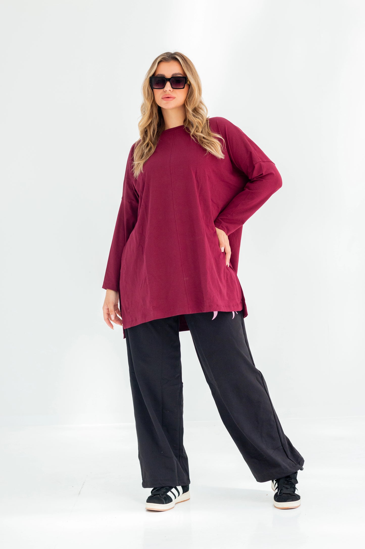 Basic Oversized Longline Tunic Sweatshirt | Burgundy