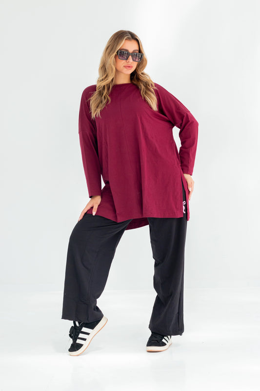 Basic Oversized Longline Tunic Sweatshirt | Burgundy