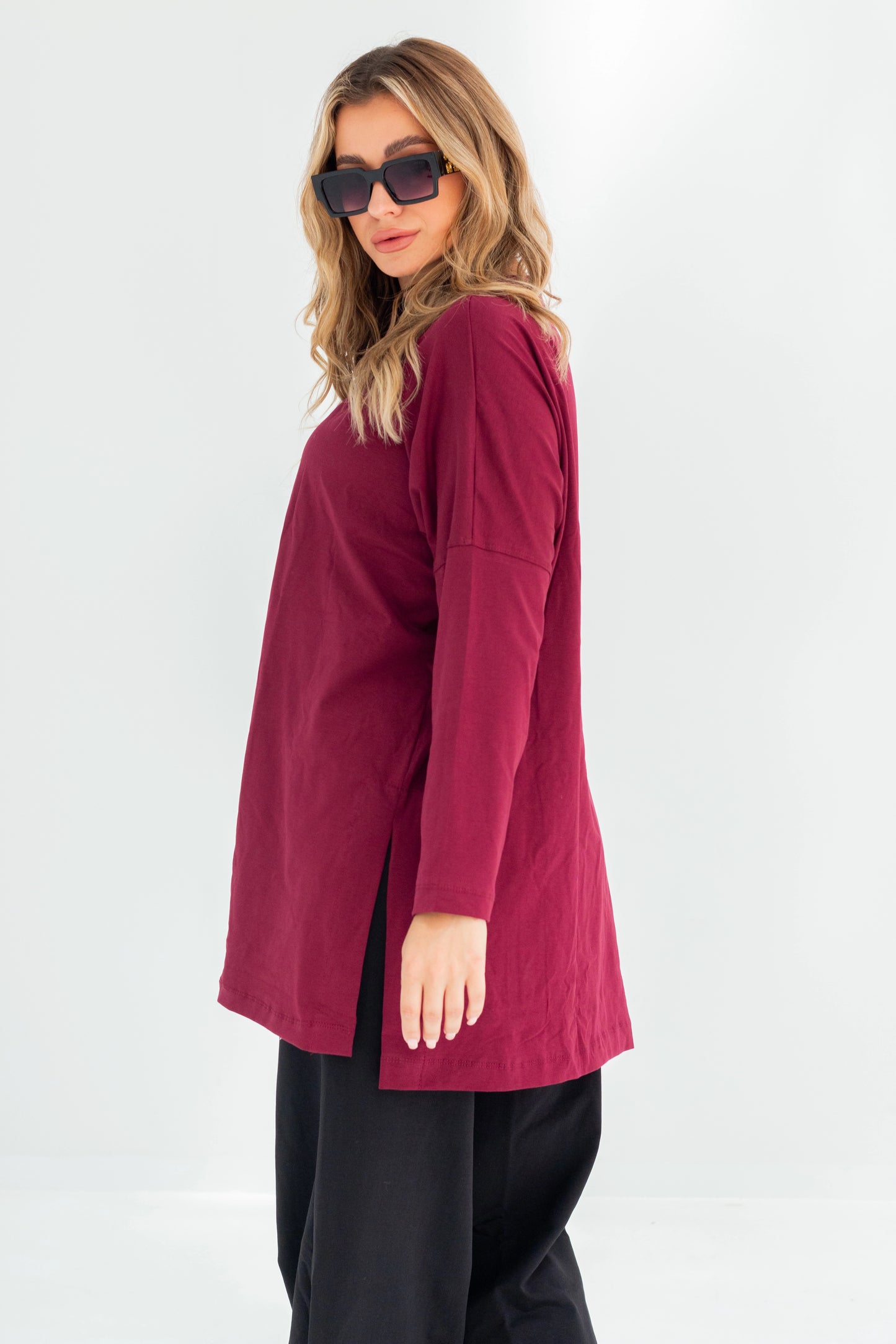 Basic Oversized Longline Tunic Sweatshirt | Burgundy