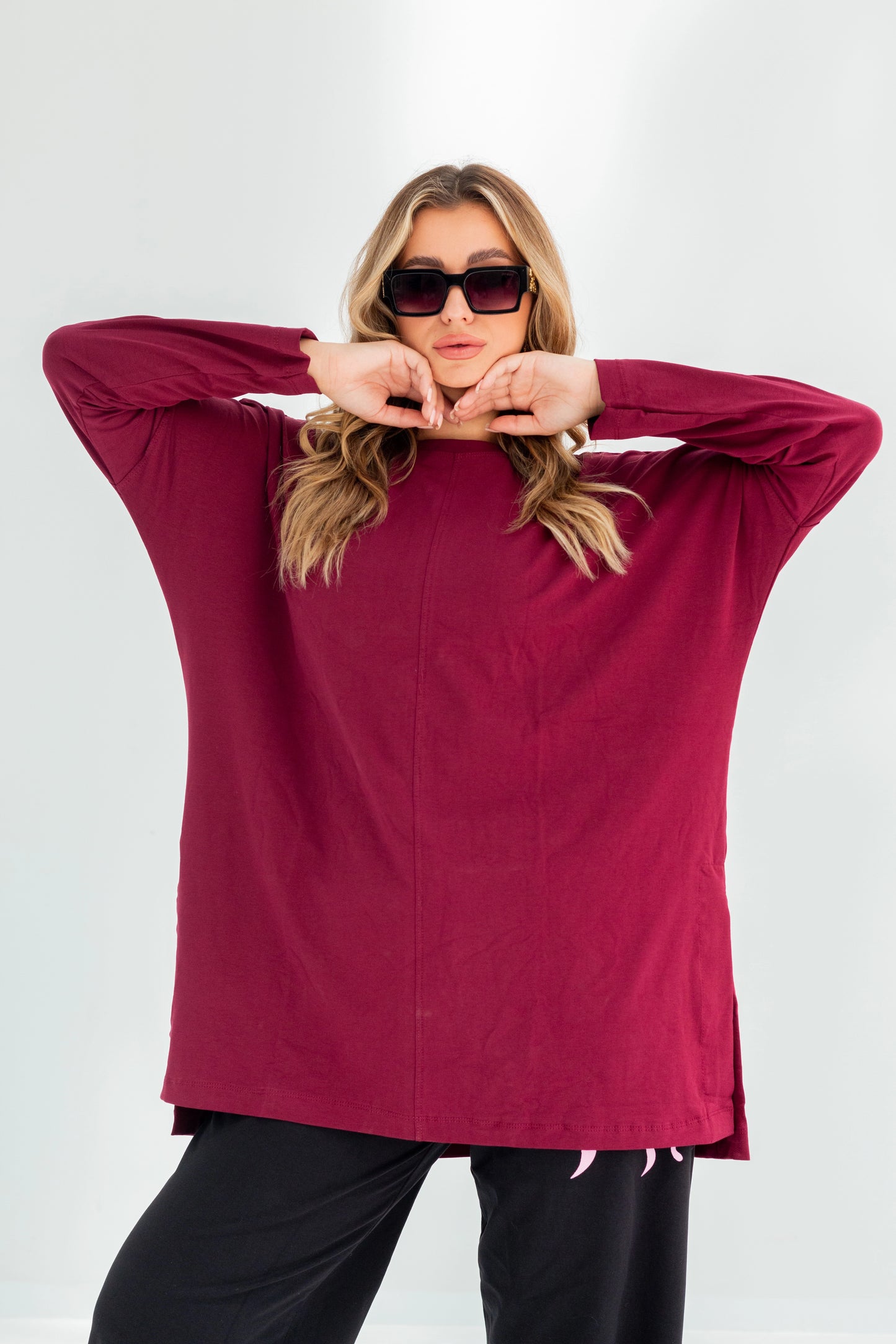 Basic Oversized Longline Tunic Sweatshirt | Burgundy