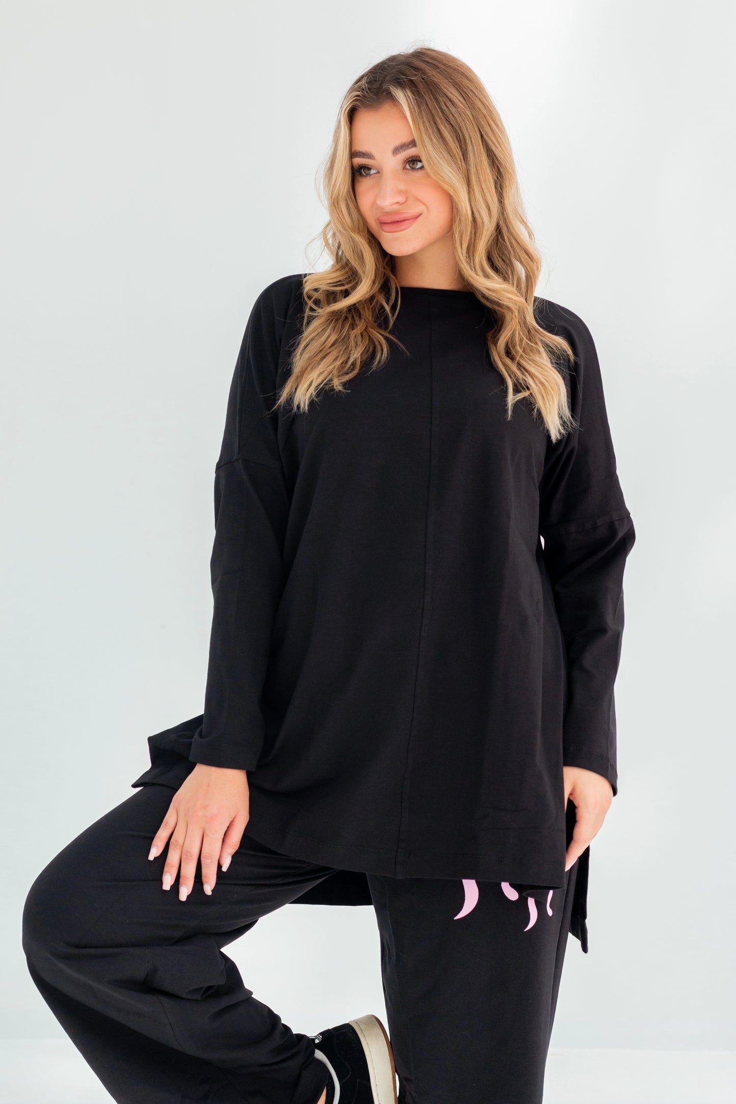 Basic Oversized Longline Tunic Sweatshirt | Black