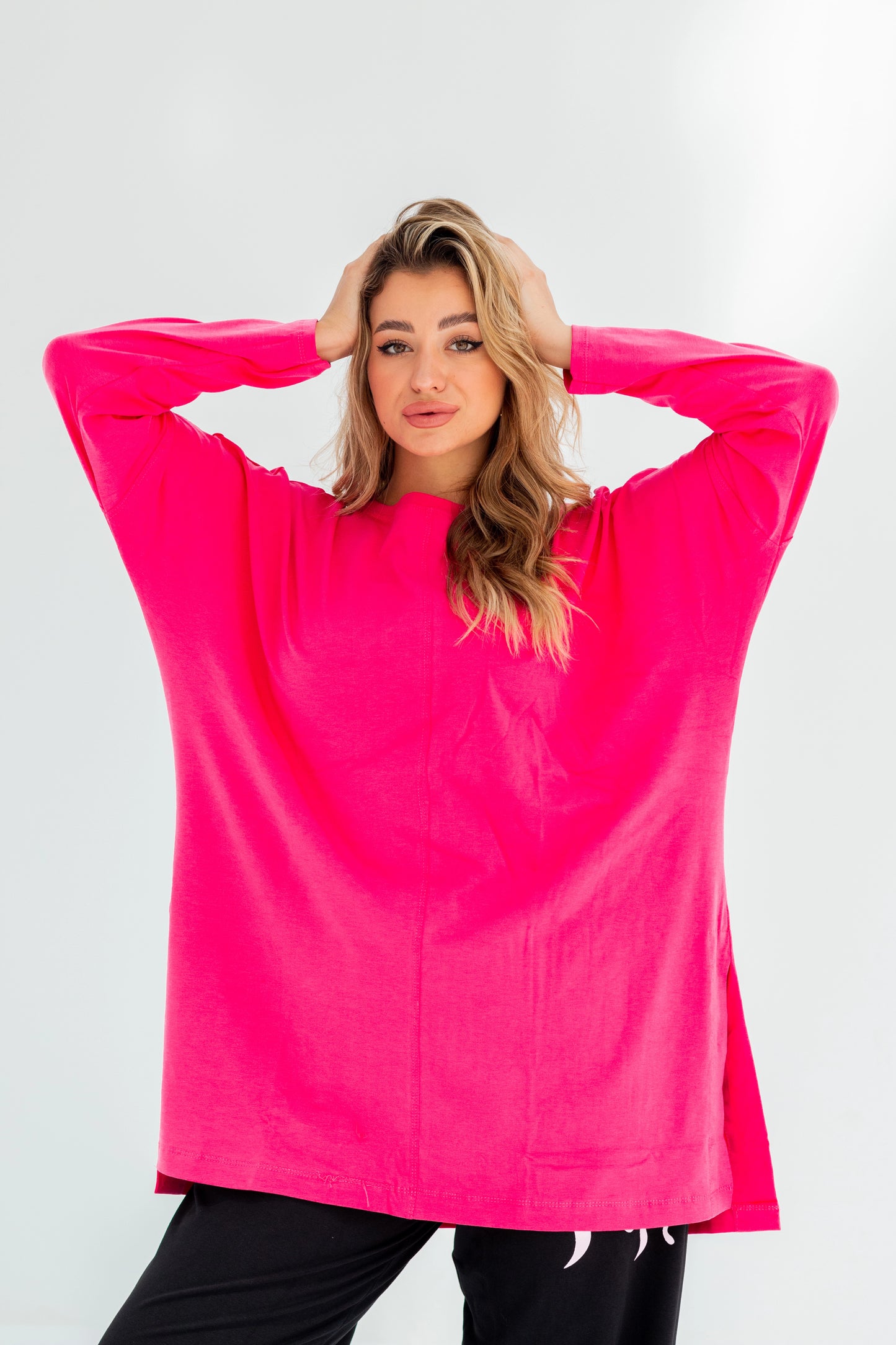 Basic Oversized Longline Tunic Sweatshirt | fuchsia