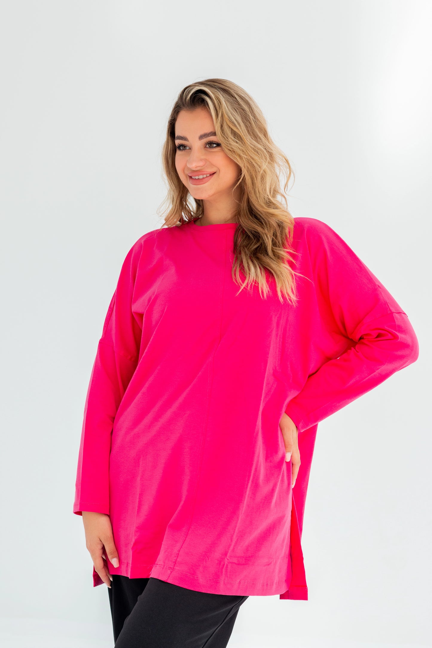 Basic Oversized Longline Tunic Sweatshirt | fuchsia