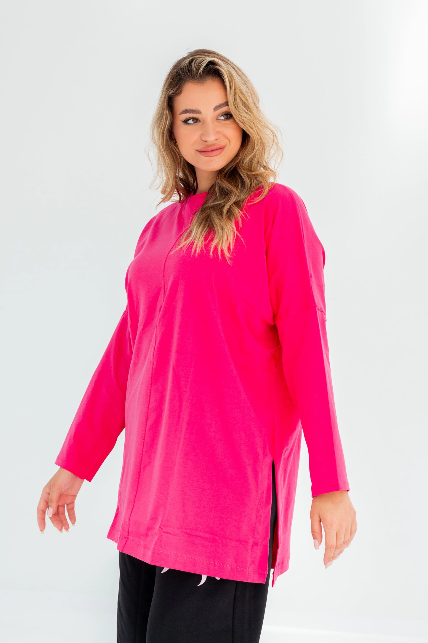 Basic Oversized Longline Tunic Sweatshirt | fuchsia