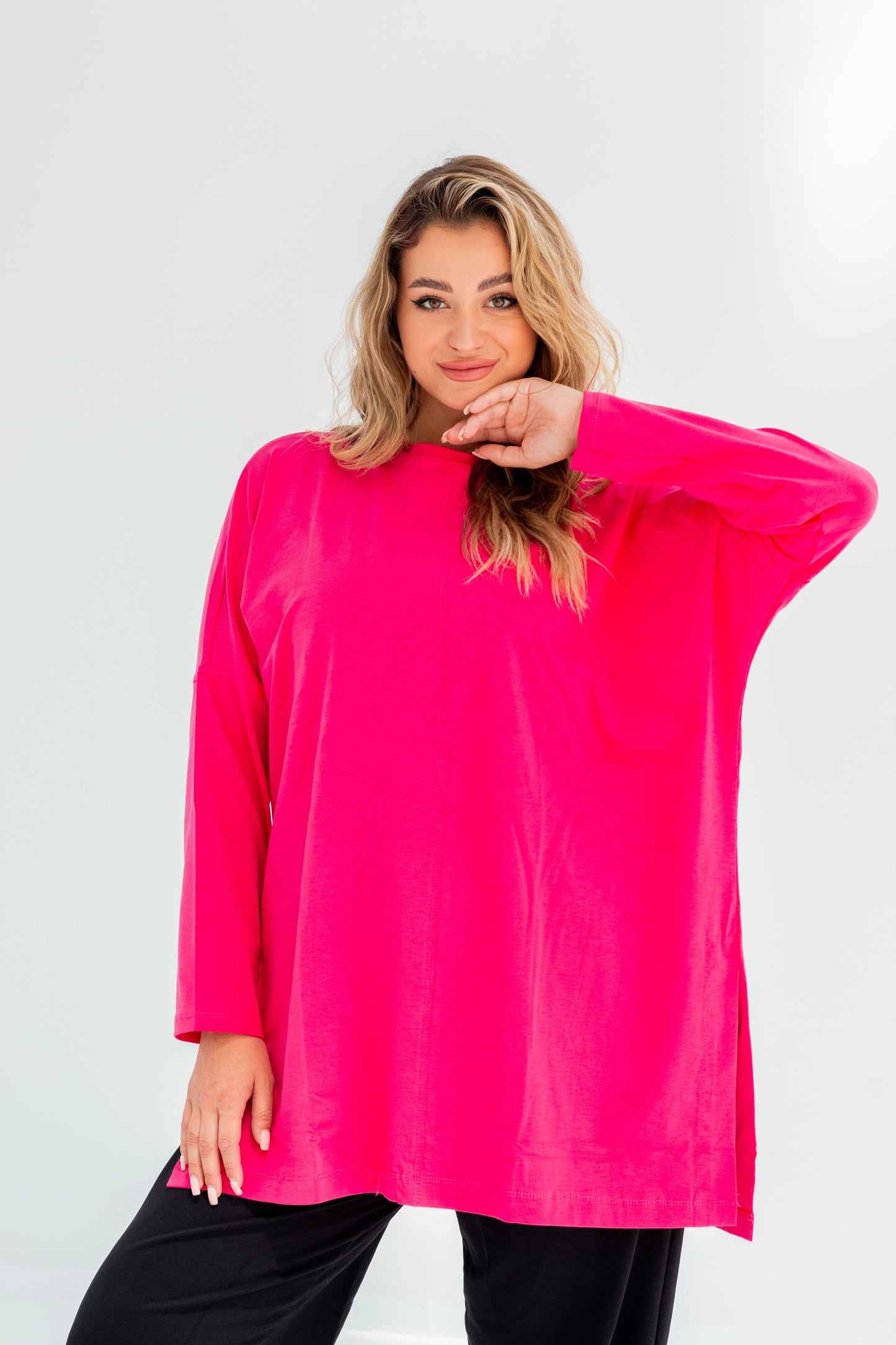 Basic Oversized Longline Tunic Sweatshirt | fuchsia