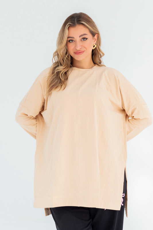 Basic Oversized Longline Tunic Sweatshirt | Beige