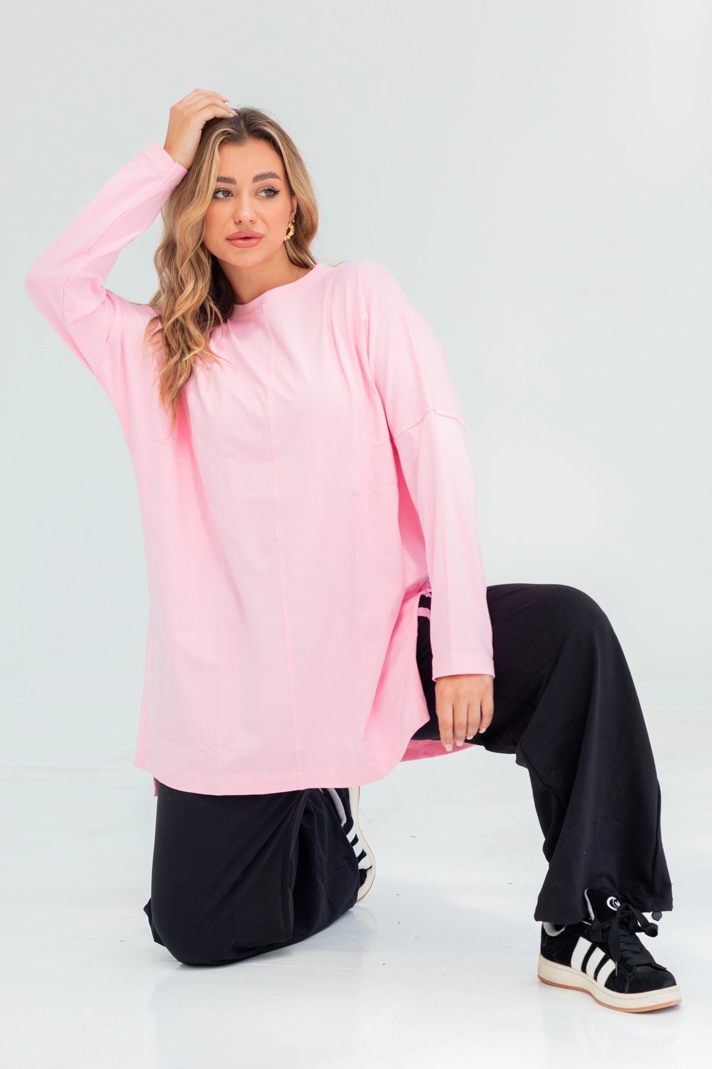 Basic Oversized Longline Tunic Sweatshirt | Pink