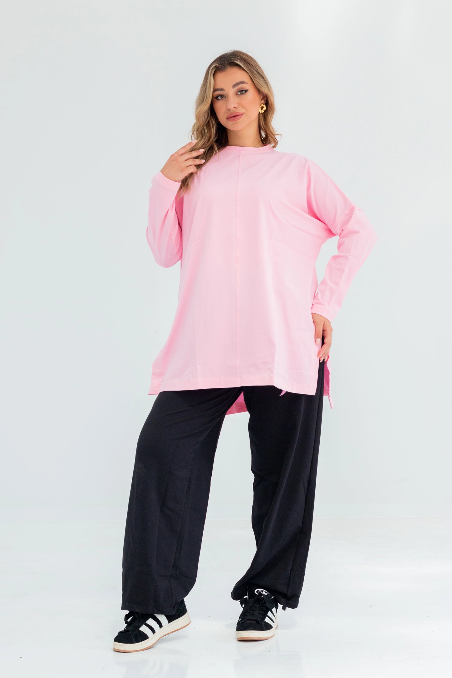 Basic Oversized Longline Tunic Sweatshirt | Pink