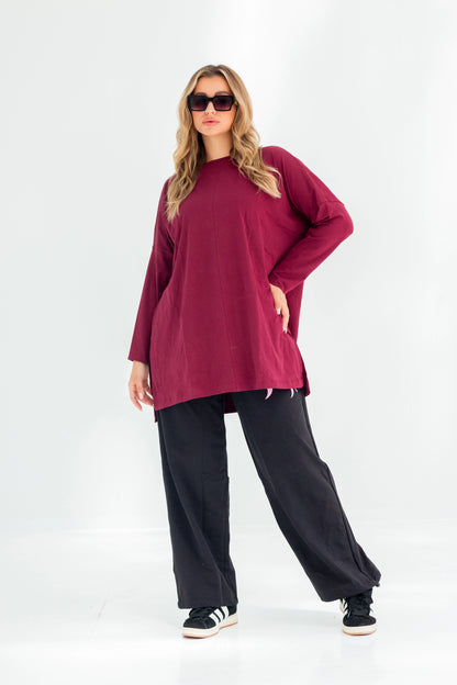 Basic Oversized Longline Tunic Sweatshirt | Burgundy