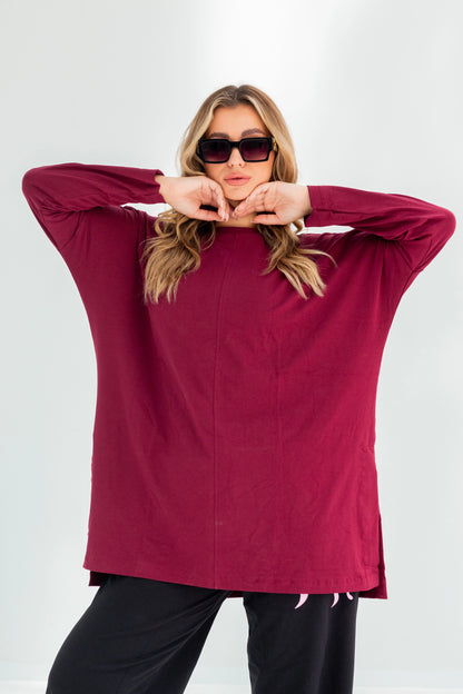 Basic Oversized Longline Tunic Sweatshirt | Burgundy