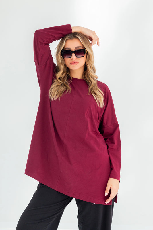Basic Oversized Longline Tunic Sweatshirt | Burgundy