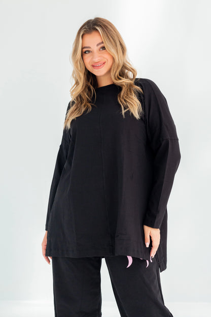 Basic Oversized Longline Tunic Sweatshirt | Black