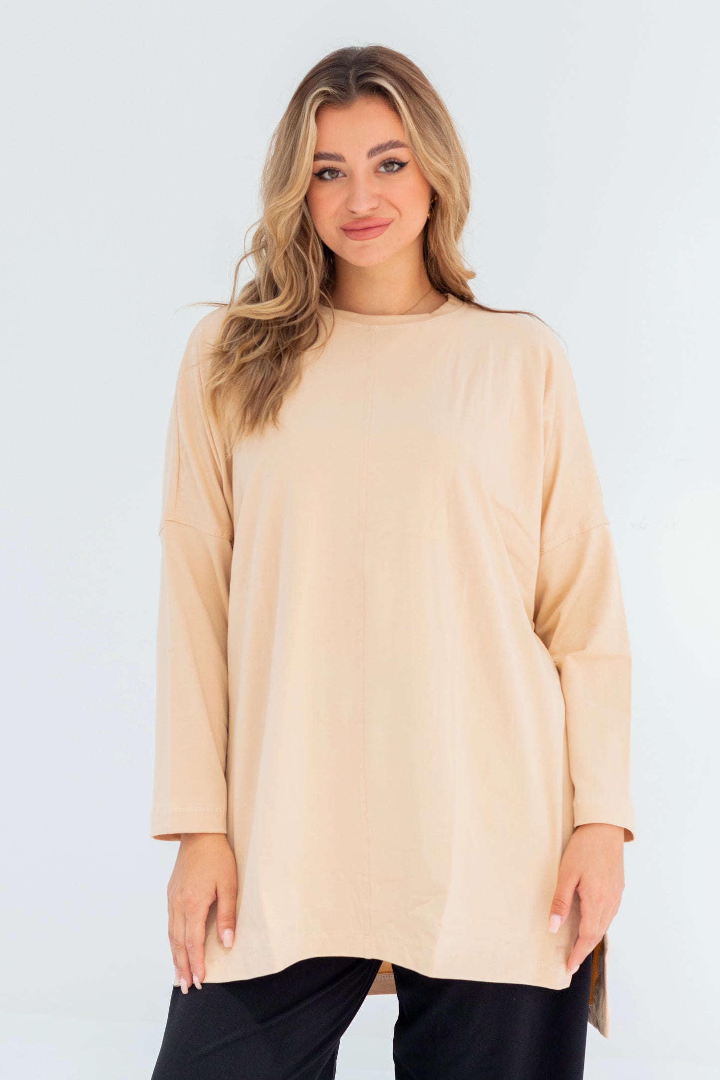 Basic Oversized Longline Tunic Sweatshirt | Beige