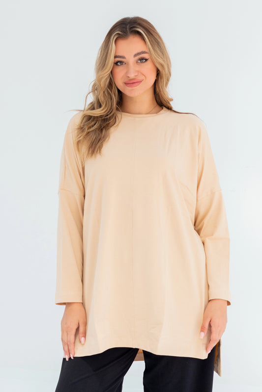 Basic Oversized Longline Tunic Sweatshirt | Beige