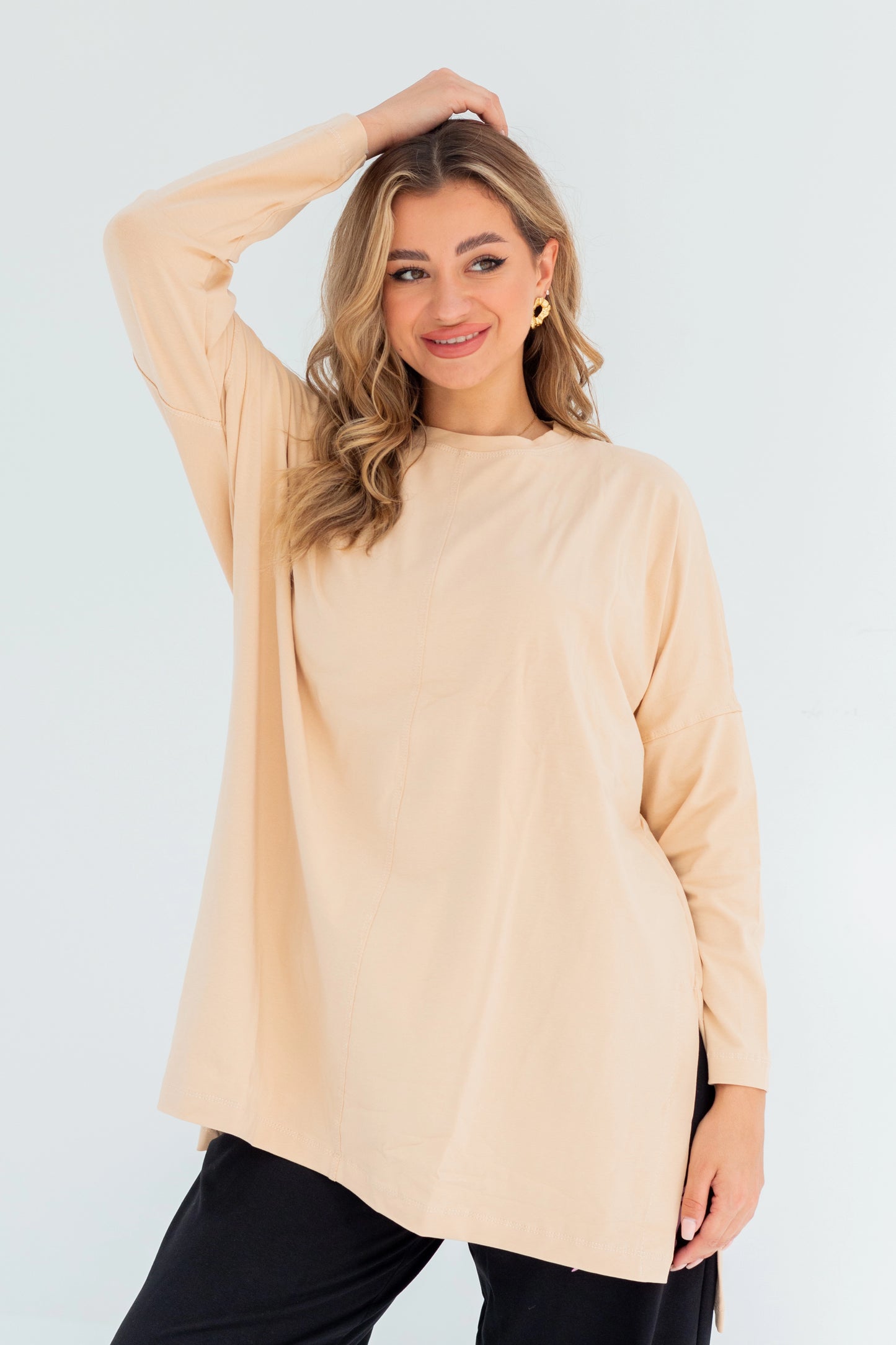 Basic Oversized Longline Tunic Sweatshirt | Beige