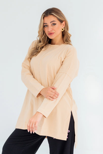 Basic Oversized Longline Tunic Sweatshirt | Beige